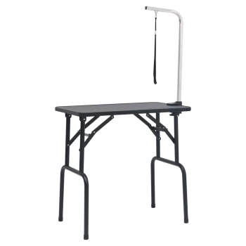 Faltbarer Haustierpflege-Tisch mit einer schwarzen Oberfläche und einem Metallarm mit einer Leinenbefestigung zur Sicherung von Haustieren während der Pflege.