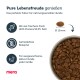 Hundefutterverpackung mit braunen Kroketten in einer Schüssel, die besagt: "Pure Lebensfreude," 24% Protein, getreidefrei, für aktive Hunde.