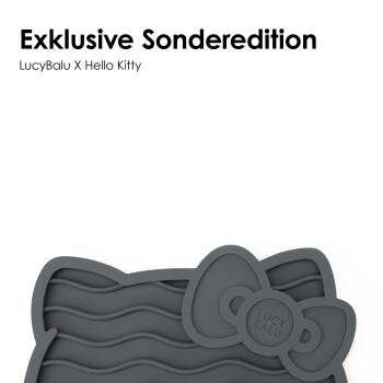 Silikon-Haustierfütterungsmatte mit einem Hello Kitty-Design, mit gewellten Linien und einer Schleife, beschriftet mit "LucyBalu X Hello Kitty."