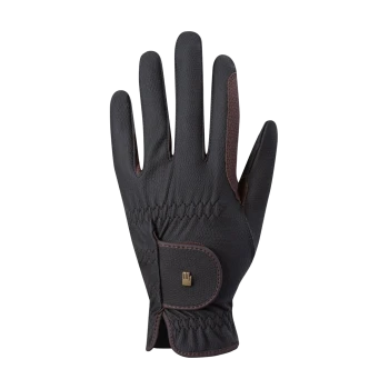 Schwarze Haustierpflegehandschuh mit strukturiertem Griff, mit einem braunen Akzent und einem kleinen Logo am Handgelenk.
