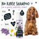 Flasche mit No-Rinse-Lavendel- und Kamillenshampoo mit einem Hund, mit veganen und pH-ausgeglichenen Etiketten, umgeben von Blumen.
