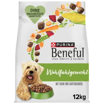 Purina Beneful Hundefutterbeutel mit lächelndem Hund und Futterschale; Aufschriften „Wohlfühlgewicht“, „Mit Huhn und Gartengemüse“, „12 kg“.