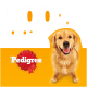 Golden Retriever vor einem orangefarbenen Hintergrund, mit dem Text "100% komplett" und dem Pedigree-Logo am unteren Rand.