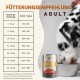 Deutsche Tabelle: FÜTTERUNGSEMPFEHLUNG ADULT, Gewicht- vs. Gramm/Tag-Tabelle, Wildfang RIND PUR Dose und Hund frisst aus Schüssel.
