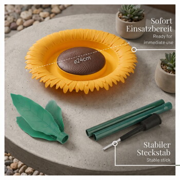 Ein gelbes Sonnenblumen-Hundeschüssel mit einem braunen Zentrum, grünen Blättern und einem stabilen Stab. Text: "Sofort Einsatzbereit" und "Stabiler Steckstab."
