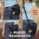 Eine Frau in einem hellblauen Oberteil zeigt eine schwarze Haustier-Zubehörtasche mit einem Netzfach und einem Abfallbeutelspender in drei Tragestilen.