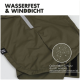 Olivegrüne wasserdichte und winddichte Haustierjacke mit reflektierendem Reißverschluss und 'PAW WOW' Etikett für optimalen Schutz.