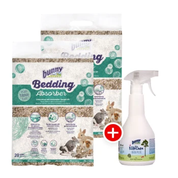 Verpackung für Bunny Bedding Absorber mit zwei Tüten, die mit 'Bedding Absorber' beschriftet sind, und einer Sprühflasche mit der Aufschrift 'Klarchen' für die Haustierpflege.