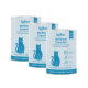 Drei hellblaue KatKare-Dosen „Weißfisch Essential“ mit blauem Katzenmotiv und sichtbarem Text „Snack gut. Tu Gutes. Fühl dich gut.“ sowie Hinweis „Hypoallergene Snacks“