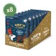 Lily's Kitchen Festive Turkey Jerky für Hunde, präsentiert in einer Box mit 8 Packungen, mit einem Hund mit einem festlichen Hut und musikalischen Noten.