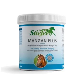 Behälter von Stiefel Mangan Plus, einem Pferdeergänzungsmittel, mit einem Pferdebild, Produktnamen und Text auf Deutsch über Leistung und Mobilität.