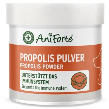 AniForte-Dose mit Propolispulver, Etikett „PROPOLIS PULVER / PROPOLIS POWDER“ und „Unterstützt das Immunsystem“.