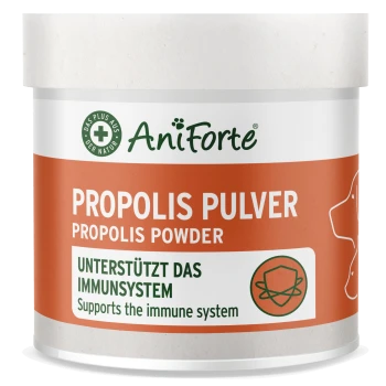 AniForte-Dose mit Propolispulver, Etikett „PROPOLIS PULVER / PROPOLIS POWDER“ und „Unterstützt das Immunsystem“.