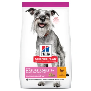 Sac de nourriture pour chiens Hill's Science Plan avec un schnauzer souriant, étiqueté "Light Mature Adult 7+", "Small & Mini jusqu'à 10 kg", et "avec poulet".