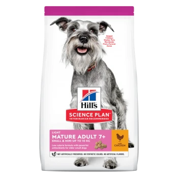 Sac de nourriture pour chiens Hill's Science Plan avec un schnauzer souriant, étiqueté "Light Mature Adult 7+", "Small & Mini jusqu'à 10 kg", et "avec poulet".