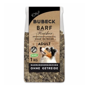 BARF Finisher 1 kg Karma dla psów Bubeck BARF Finisher, opakowanie 1 kg, bez zbóż, z warzywami i ziemniakami, odpowiednia dla dorosłych psów, z wizerunkiem psa.