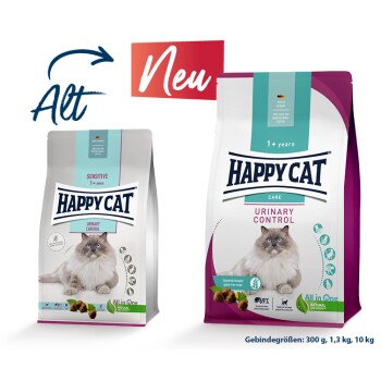 Zwei Tüten Happy Cat Futter, "Sensitive" und "Urinary Control," mit flauschigen Katzen und einem roten "Neu"-Label, die nebeneinander angezeigt werden.