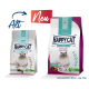 Zwei Tüten Happy Cat Futter, "Sensitive" und "Urinary Control," mit flauschigen Katzen und einem roten "Neu"-Label, die nebeneinander angezeigt werden.