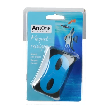 Aimant anti-algues Nettoyeur magnétique bleu et noir pour aquariums, emballé avec des illustrations de poissons et le texte 'AniOne Magnet-reiniger.'