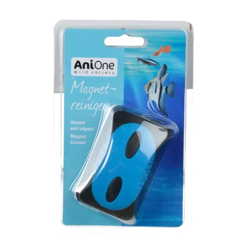 Blue and black magnet cleaner for aquariums, packaged with fish illustrations and the text "AniOne Magnet-reiniger."