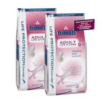 Zwei 12,5 kg Säcke Bosch Life Protection Concept Hundefutter, beschriftet mit "Adult Life & Care" in einem rosa Design.
