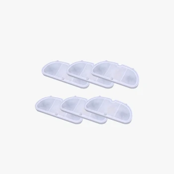 Sechs weiße rechteckige Wasserfilterkartuschen für Haustiere mit abgerundeten Kanten auf einfachem Hintergrund.