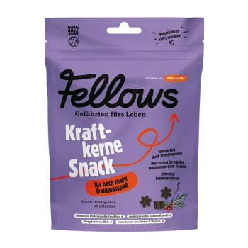 Lila Beutel mit Fellows Kraftkerne Snack Hundeleckerlis mit Insektenprotein, Beerengeschmack und Trainingsvorteilen, recycelbare Verpackung.