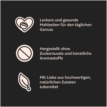 Drei Symbole (Herz-Schüssel, Verbotssymbol, Blatt) mit deutschen Angaben: 'Leckere, gesunde Mahlzeiten', 'Ohne zugesetzten Zucker oder künstliche Aromen', 'Mit Liebe aus natürlichen Zutaten zubereitet'