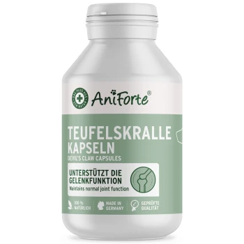Weiße AniForte-Flasche mit der Aufschrift 'Teufelskralle Kapseln' — 'Unterstützt die Gelenkfunktion'.