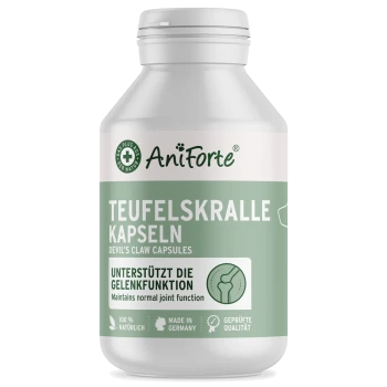 Weiße AniForte-Flasche mit der Aufschrift 'Teufelskralle Kapseln' — 'Unterstützt die Gelenkfunktion'.