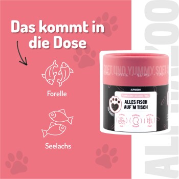 Logo von ALPHAZOO mit einem rosa Herzen, begleitet von Text auf Deutsch über ihre mit Liebe in Dortmund, Deutschland, hergestellten Haustierprodukte.