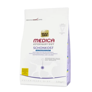 Medica Diététique à teneur réduite en calories et poulet 2,5 kg Select Gold Medica Veterinary Diet Schonkost, sac de 2,5 kg, étiqueté comme faible en calories, adapté à la santé gastro-intestinale, avec du poulet.