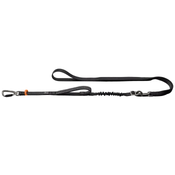 Schwarze Nylon-Hundeleine mit Handschlaufe, Bungee-Stoßdämpferabschnitt, Metallclip und Karabiner, mit reflektierender Naht und orangefarbenem Ring.