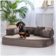 Ein schwarzer und brauner Dackel sitzt auf einem plüschigen, grauen Haustiersofa in einem hellen Raum mit einer großen grünen Pflanze im Hintergrund.