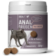 Weißer Behälter mit der Aufschrift 'REAVET ANAL DRÜSEN 140 DROPS' zeigt eine Französische Bulldogge, Futterpellets und '350g'.