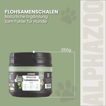Verpackte "Flohsamenschalen" für Haustiere, die Vorteile zeigen: "Ballast- & Schleimstoffe," "Indische Rohkost-Qualität," und umweltfreundliche Verpackung.