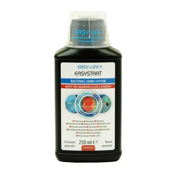 Easylife EasyStart 250 ml Flasche Easy-Life EasyStart, ein bakterielles Kombisystem für Aquarien, beschriftet mit "Hält das Aquarium klar & gesund," 250 ml.