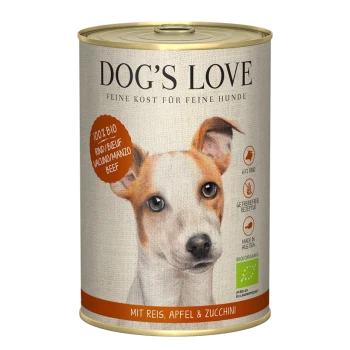 Nahaufnahme einer DOG'S LOVE Hundefutterdose, beschriftet mit "100% BIO" und "Rind/Beef" mit "Mit Reis, Apfel & Zucchini."