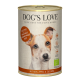 Zbliżenie na puszkę karmy dla psów DOG'S LOVE, oznaczoną "100% BIO" i "Rind/Beef" z "Mit Reis, Apfel & Zucchini."