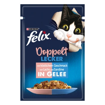 Felix Doppelt Lecker Katzenfutterbeutel mit einer verspielten schwarz-weißen Katze, die durch zerknittertes Papier schaut, mit "Lachs und Sardine in Gelee."