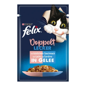 Felix Doppelt Lecker Katzenfutterbeutel mit einer verspielten schwarz-weißen Katze, die durch zerknittertes Papier schaut, mit "Lachs und Sardine in Gelee."