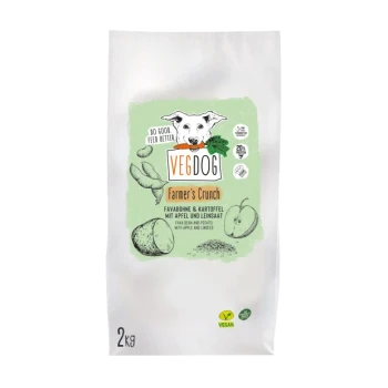 Veganer Hundefutterbeutel mit der Aufschrift "VEGDOG Farmer's Crunch", mit einem Cartoon-Hund, mit Zutaten wie Ackerbohne, Kartoffel, Apfel und Leinsamen. 2 kg.