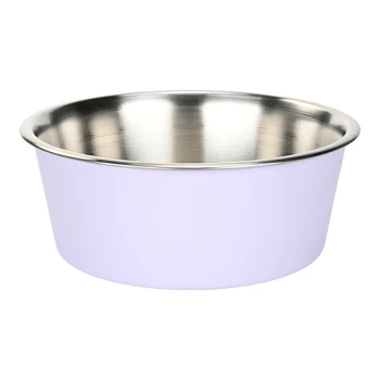 Bol de nourriture pour animaux de compagnie violet avec un intérieur en acier inoxydable, conçu pour les chiens ou les chats.