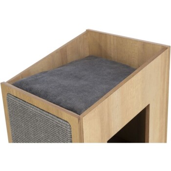 Holz-Haustierbett mit einem grauen Kissen oben und einer strukturierten Seitenwand, entworfen für Komfort und Stil.