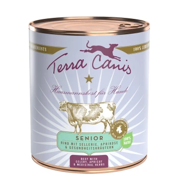 Senior 6x800g Dosen-Hundefutter mit der Aufschrift 'Terra Canis', mit einer Kuhillustration, und dem Text 'Senior' sowie 'Rindfleisch mit Sellerie, Aprikose & Heilkräutern.'