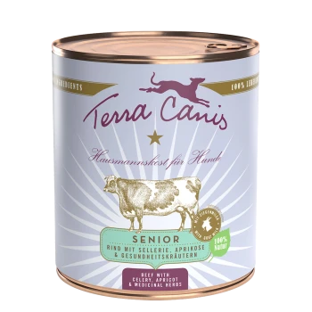 Dosen-Hundefutter mit der Aufschrift 'Terra Canis', mit einer Kuhillustration, und dem Text 'Senior' sowie 'Rindfleisch mit Sellerie, Aprikose & Heilkräutern.'