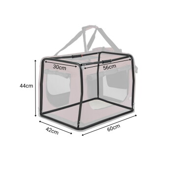 Weichwandiger Haustierträger mit schwarzem Stützgestell, Netzeinsätzen und Trageriemen; Größenangaben: 60 cm, 56 cm, 44 cm, 42 cm, 30 cm.