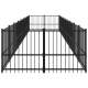Schwarzer Metall-Haustierspielplatz mit vertikalen Stangen, für den Außenbereich konzipiert, mit offenem Oberteil und sicherem Tor.