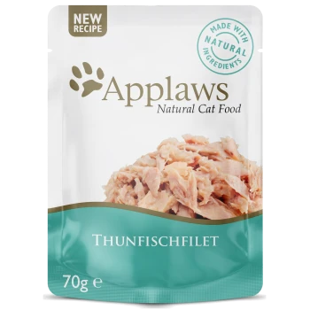 Applaws Naturkatzenfutterbeutel mit Thunfischfilet, beschriftet mit "NEUES REZEPT" und "HERGESTELLT AUS NATÜRLICHEN ZUTATEN", 70g.