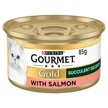 A gold can of Purina Gourmet Gold cat food labeled "Succulent Delights with Salmon," featuring an image of a white cat.